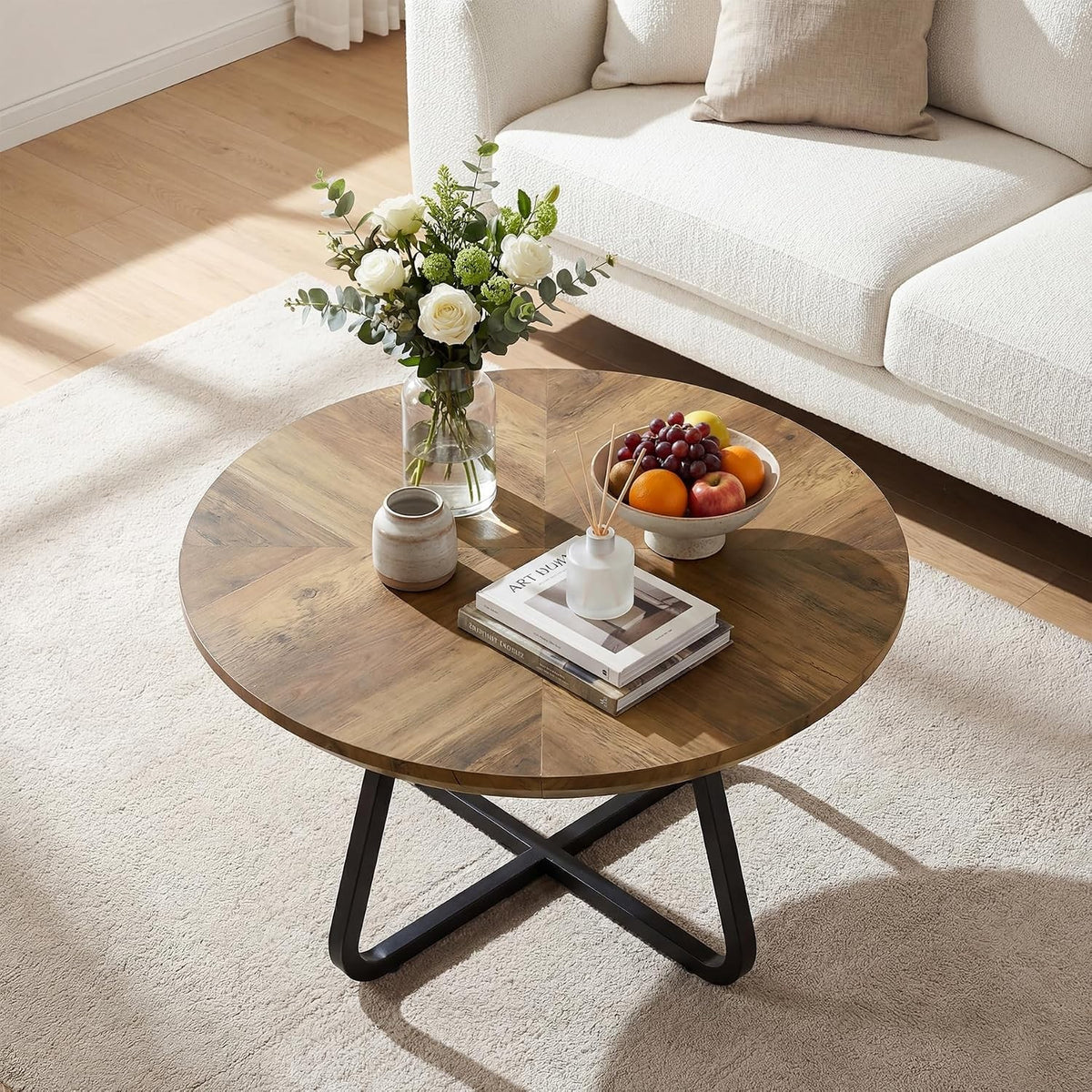 Estuary 31.5 Inches Round Coffee Table, Modern Wooden Center Table fo