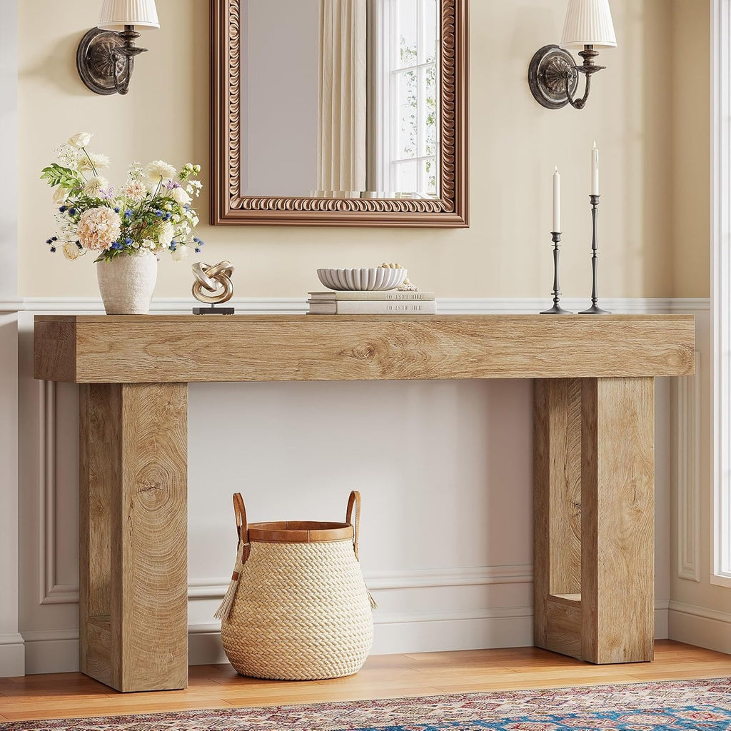 63" Farmhouse Console Table, Natural Wooden Sofa Table Rectangular Accent Consol