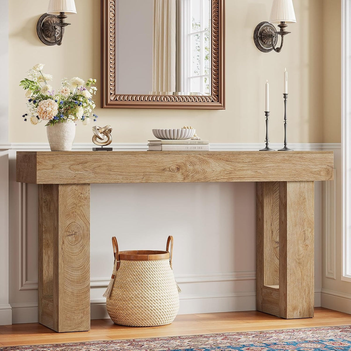 63" Farmhouse Console Table, Natural Wooden Sofa Table Rectangular Accent Consol