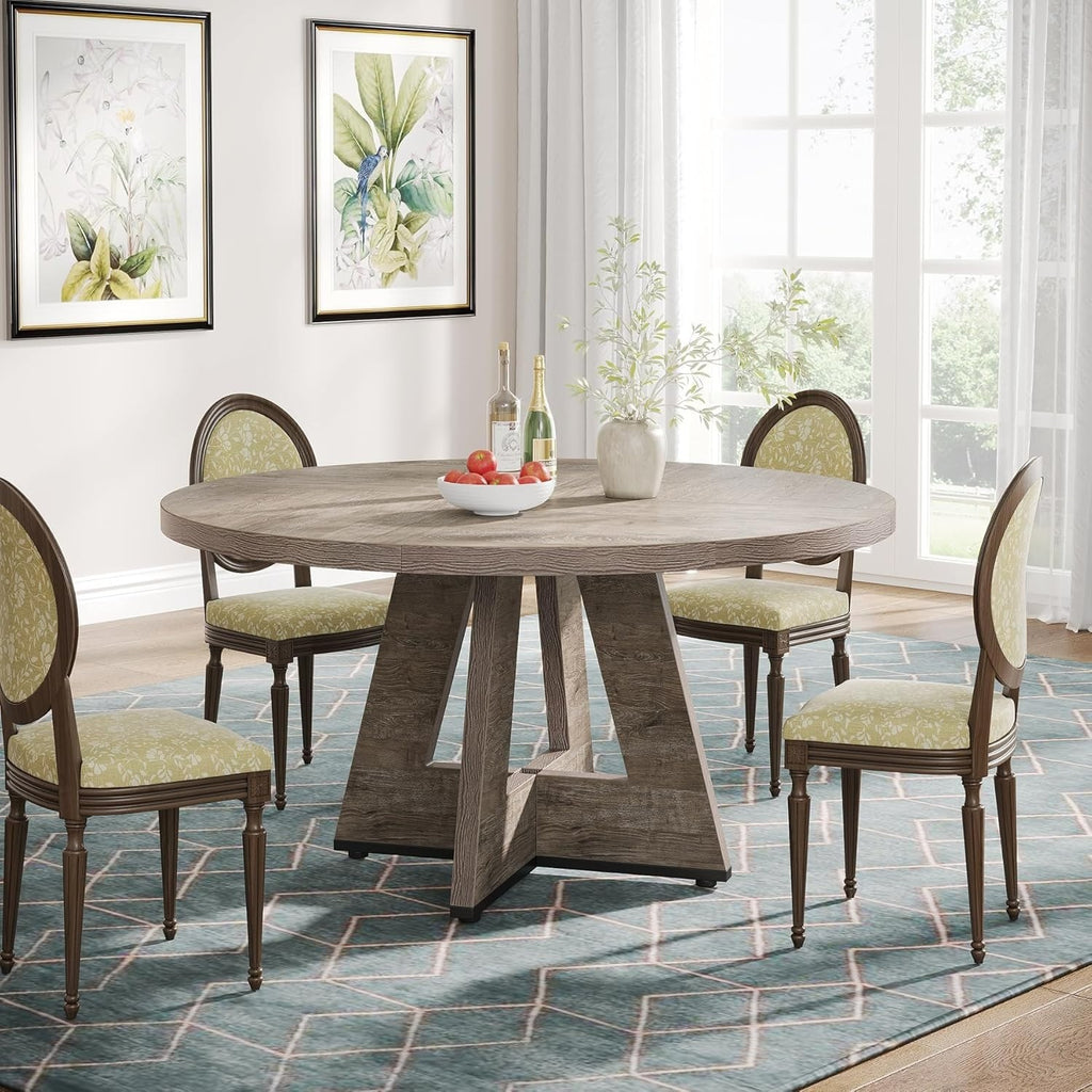 47 Inch Round Farmhouse Dining Table – Wooden Kitchen Table for 4 People, Ideal