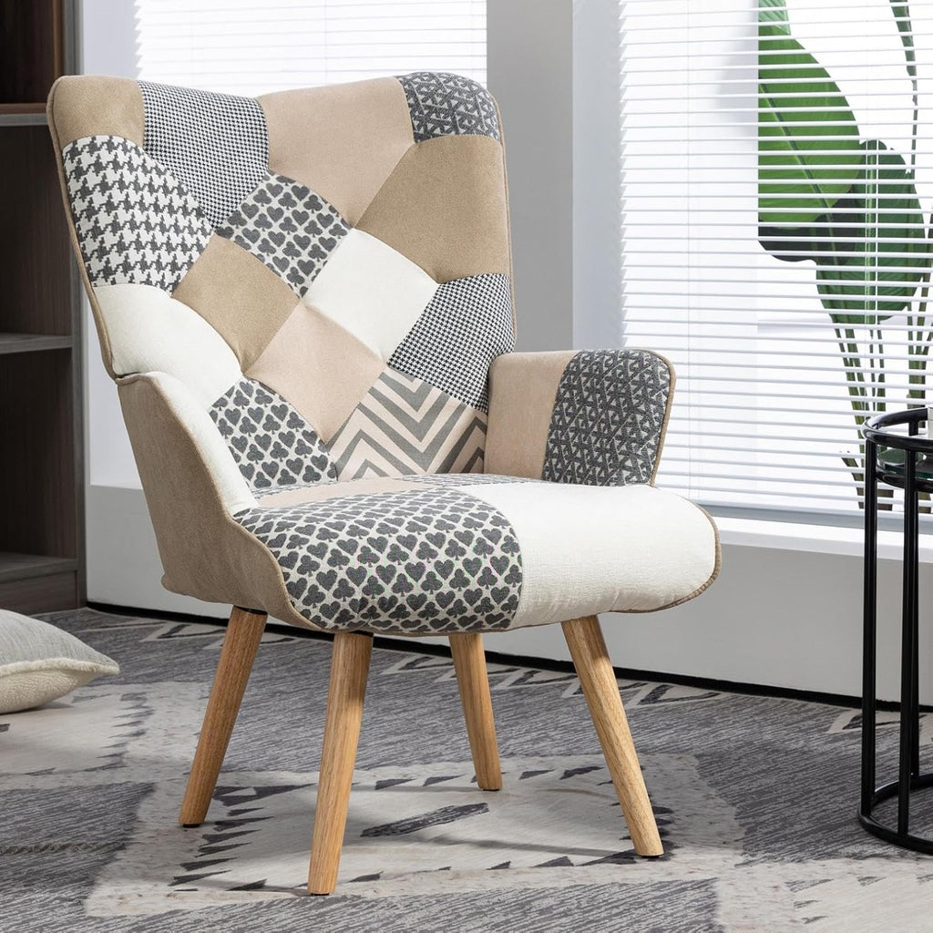EstuaryPatchwork Accent Chair, Modern Upholstered Armchair with Wooden Legs, Mul