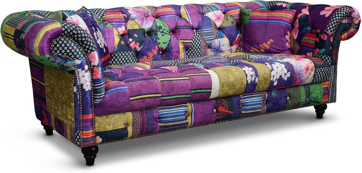 Estuary Patchwork Fabric 2 Seater Chesterfield Sofa Loveseat, Classic Couch Scro