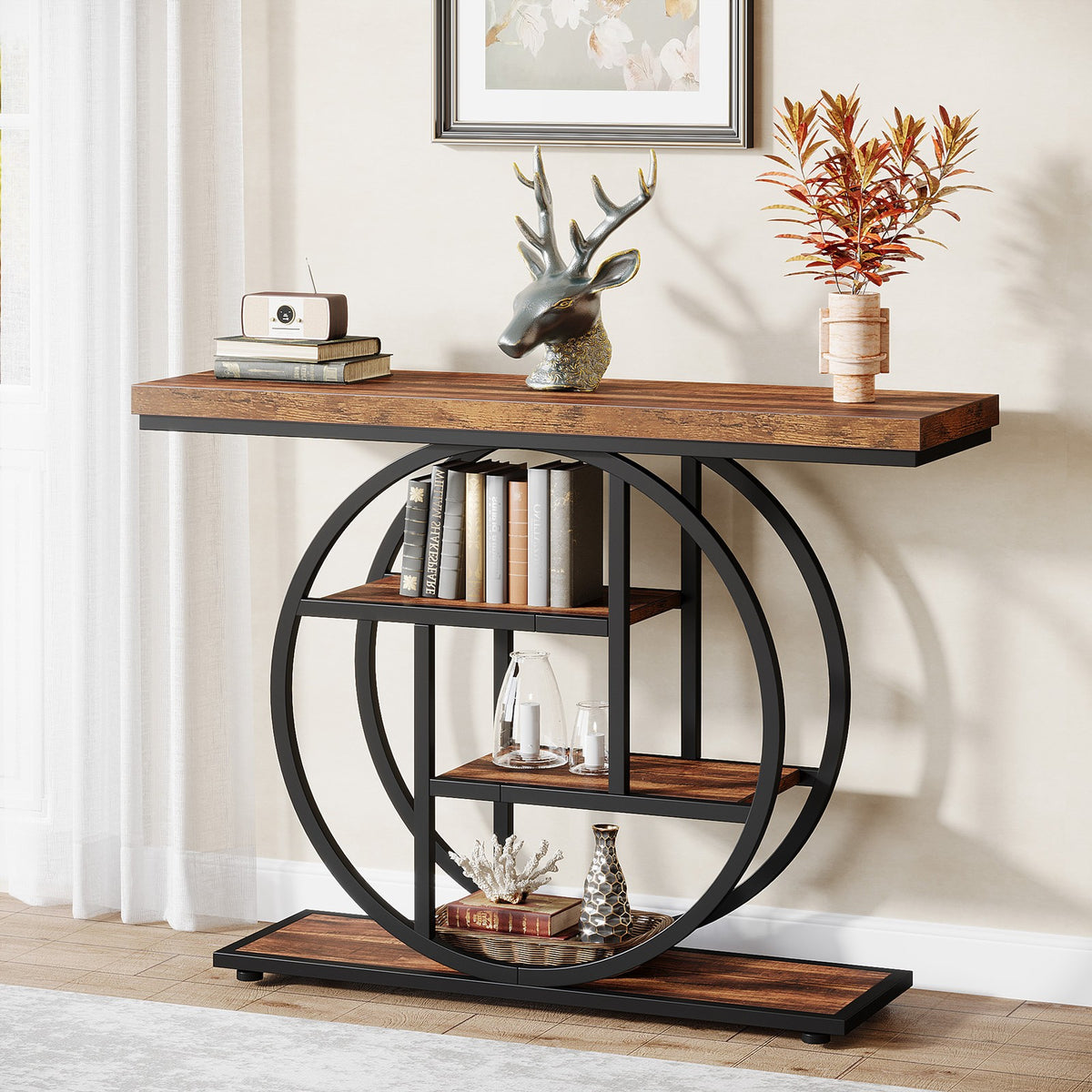 41.3" Console Table, Industrial 4-Tier Sofa Table Entryway Table with Circle Bas