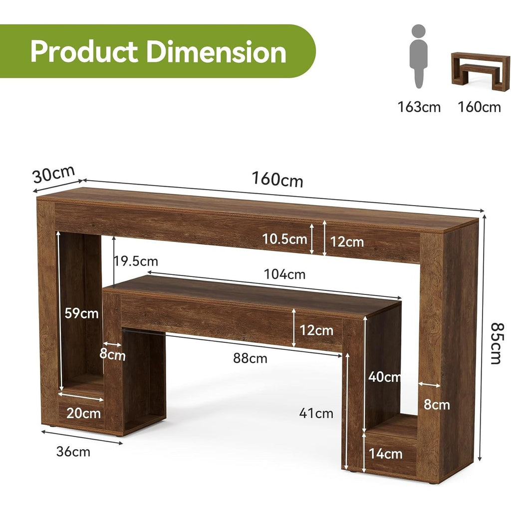 63-Inch Rustic Console Table with 2-Tier Shelf, Narrow Sofa Table for Entryway a