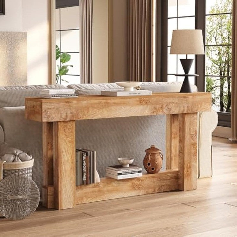 63 Inch Farmhouse Console Table – 2-Tier Narrow Entryway Table, Long Wooden Sofa
