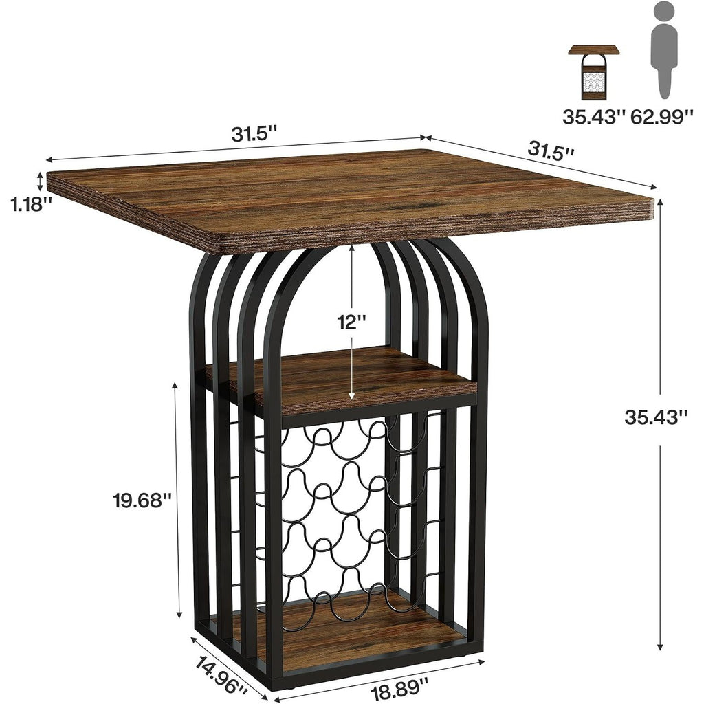 Square Bar Table, 35" H Bistro Pub Table with 4-Tier Wine Rack Storage and Shelv