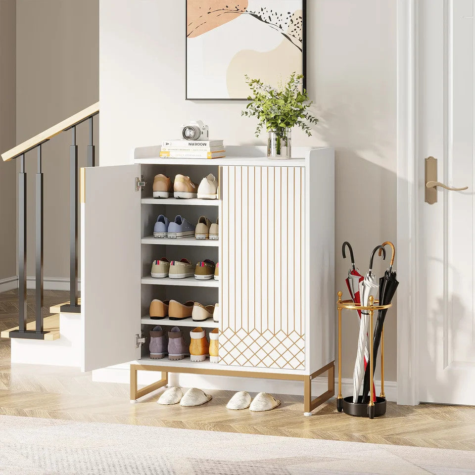 Estuary 5-Tier White Shoe Cabinets with Doors, Shoe Rack, Wood Storage Cabine