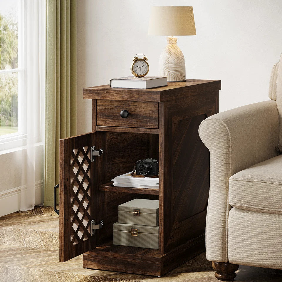 Estuary End Table, Narrow Side Table with Drawer and Cabinet, Farmhouse N