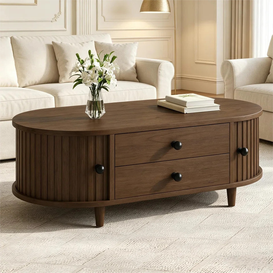 EstuaryOval Coffee Table with 2 Sliding Doors & Drawers – Walnut MDF, 100x50x36c