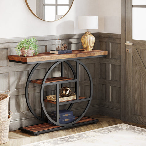 41.3" Console Table, Industrial 4-Tier Sofa Table Entryway Table with Circle Bas
