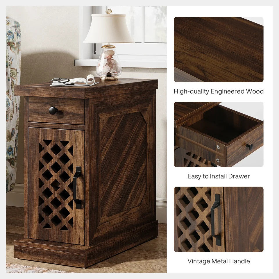 Estuary End Table, Narrow Side Table with Drawer and Cabinet, Farmhouse N
