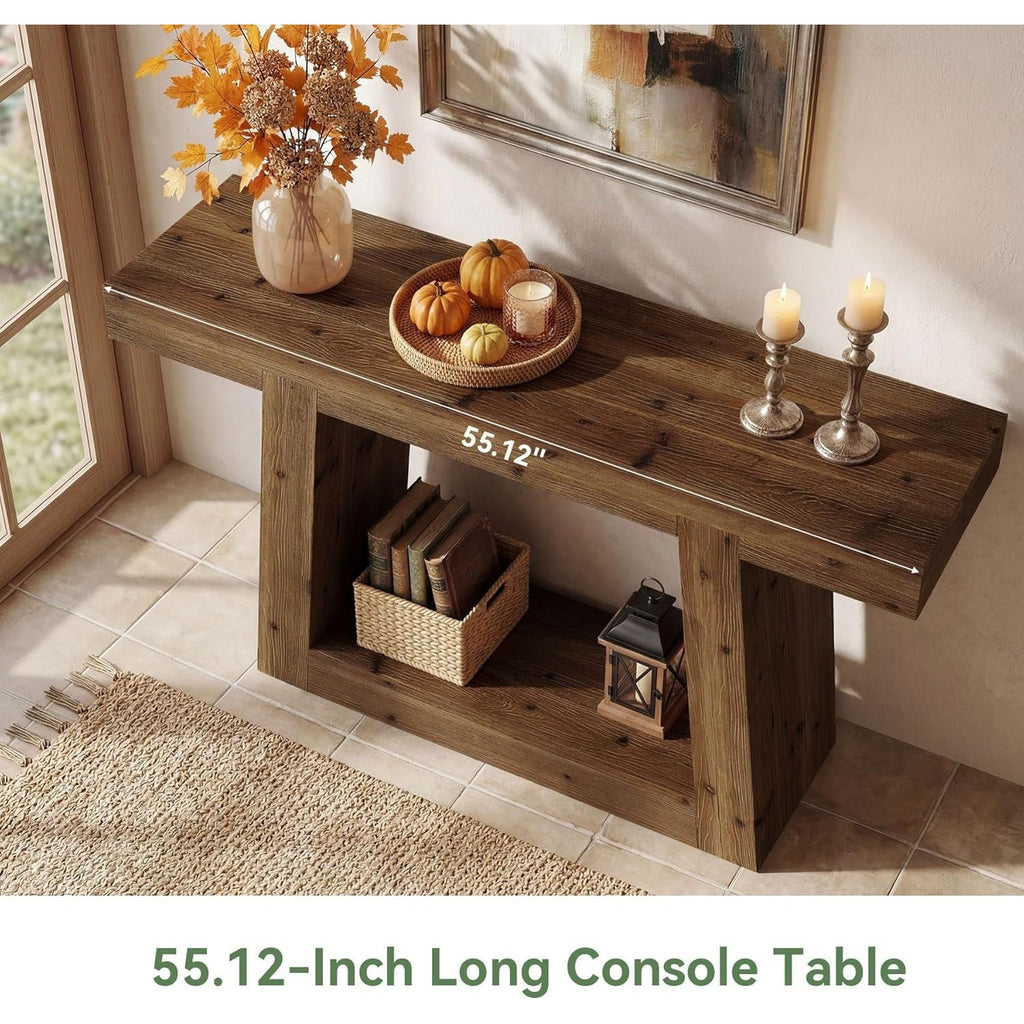 55-Inch Solid Wood Office Reception Console Table, Farmhouse Sofa Side Table wit