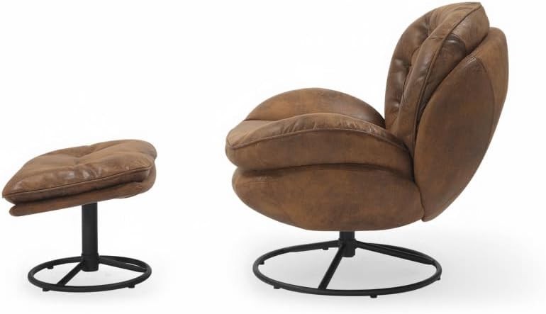 EstuaryBrown Swivel Chair and Footstool Set – 360 Swivel Faux Leather Armchair w