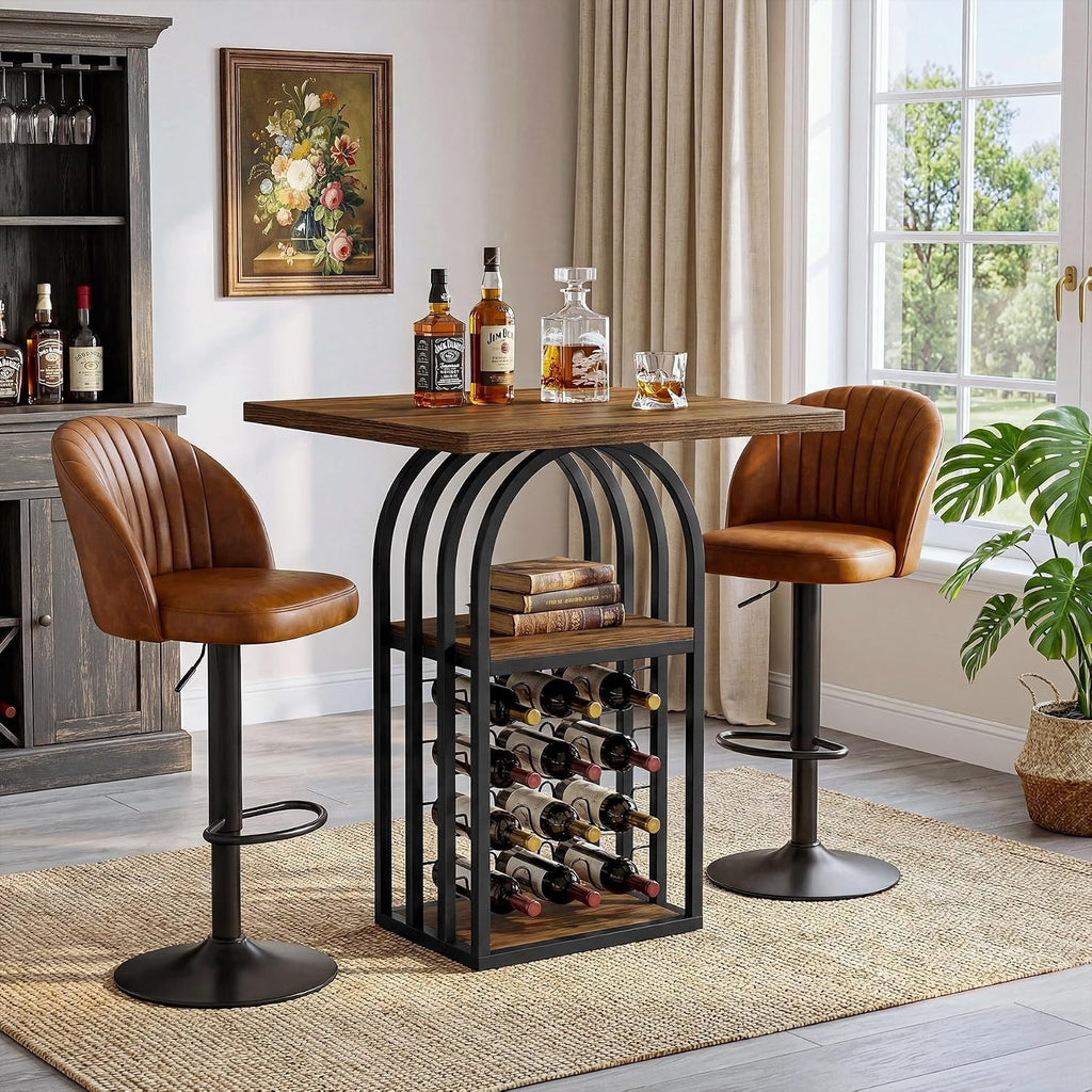 Square Bar Table, 35" H Bistro Pub Table with 4-Tier Wine Rack Storage and Shelv
