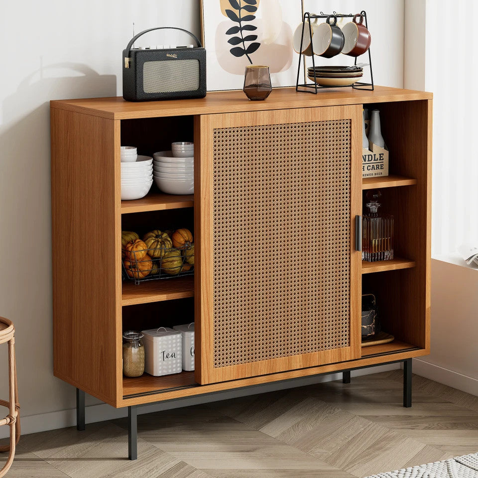 EstuaryVintage Farmhouse Walnut Rattan Sideboard Sliding Breathable Rattan Doors