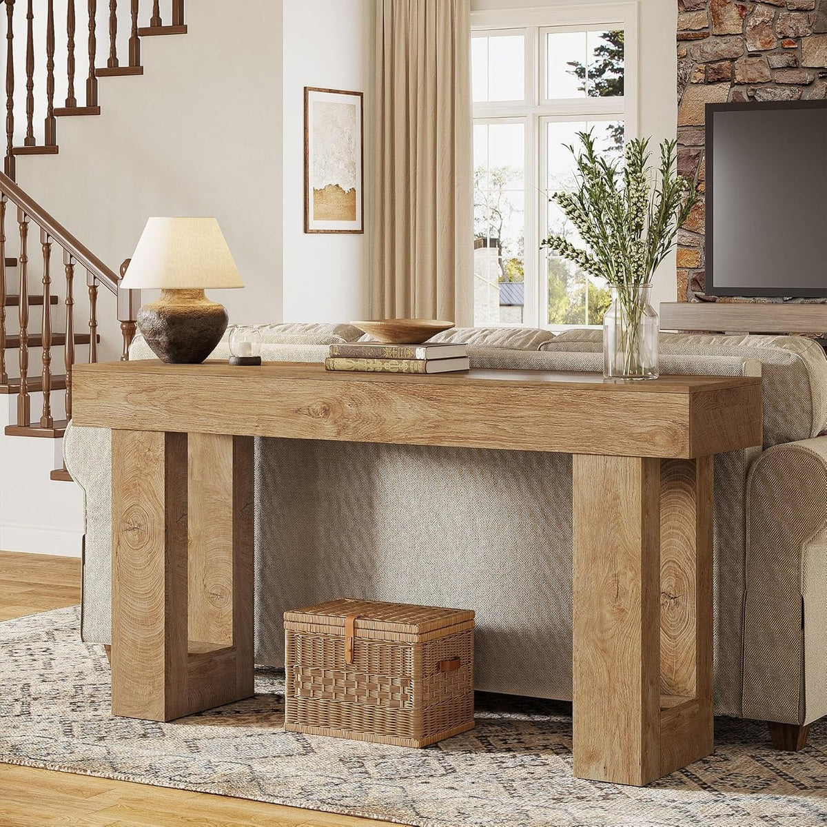 63" Farmhouse Console Table, Natural Wooden Sofa Table Rectangular Accent Consol