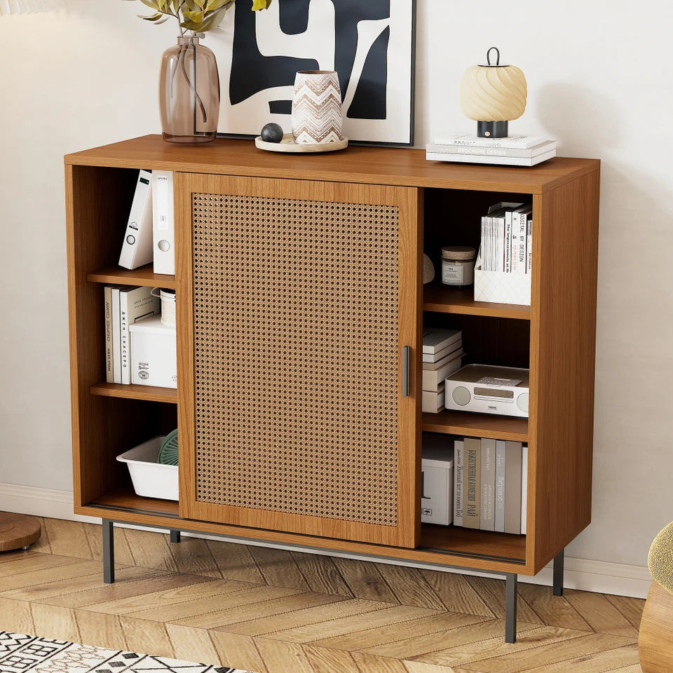 EstuaryVintage Farmhouse Walnut Rattan Sideboard Sliding Breathable Rattan Doors