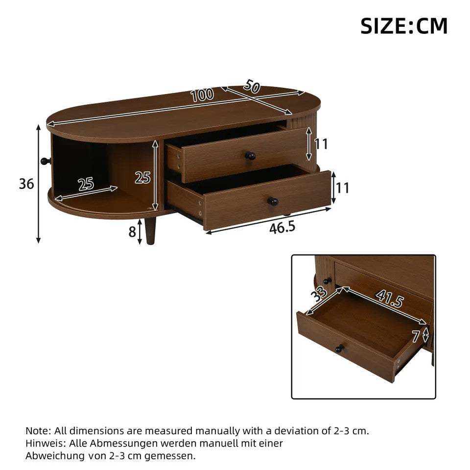 EstuaryOval Coffee Table with 2 Sliding Doors & Drawers – Walnut MDF, 100x50x36c