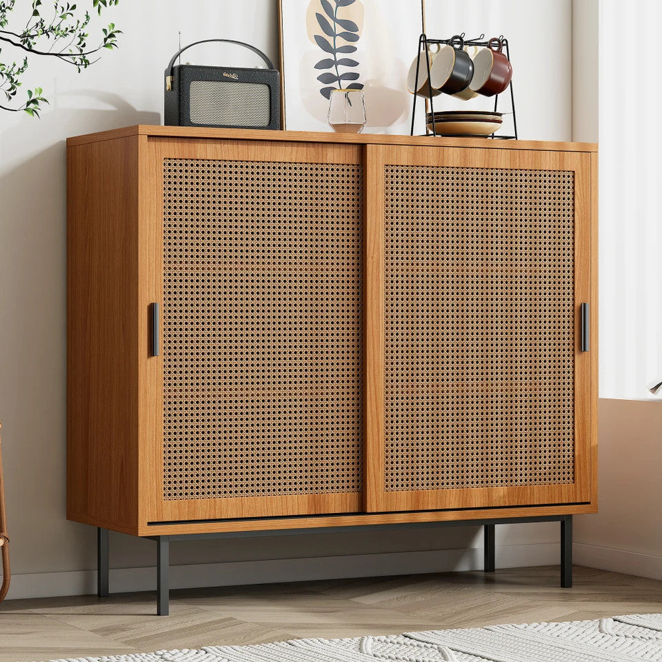 EstuaryVintage Farmhouse Walnut Rattan Sideboard Sliding Breathable Rattan Doors