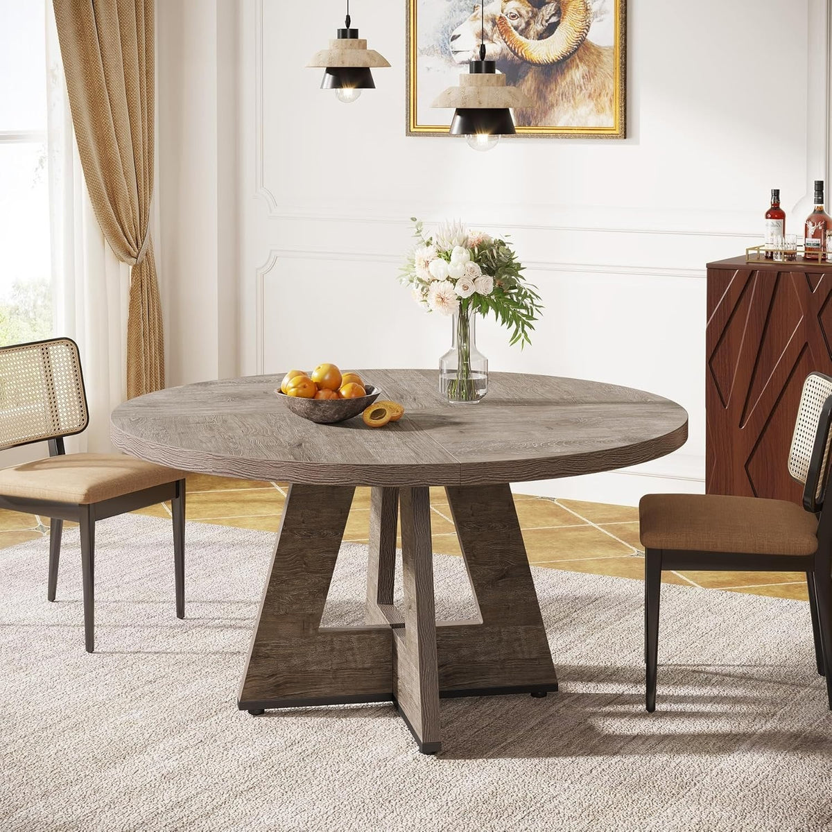 47 Inch Round Farmhouse Dining Table – Wooden Kitchen Table for 4 People, Ideal