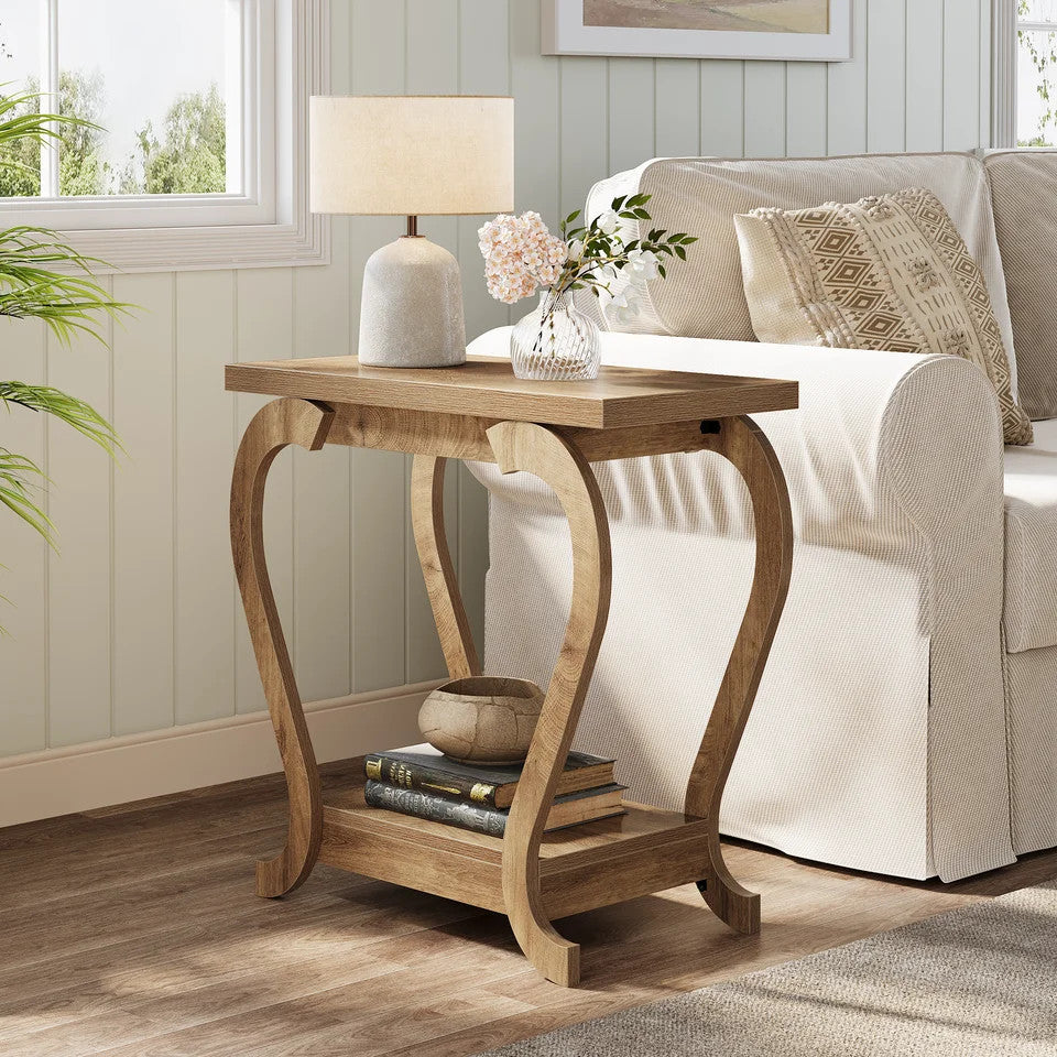 Estuary End Table, Narrow Wood Side Table with Storage Shelves, 2-Tie