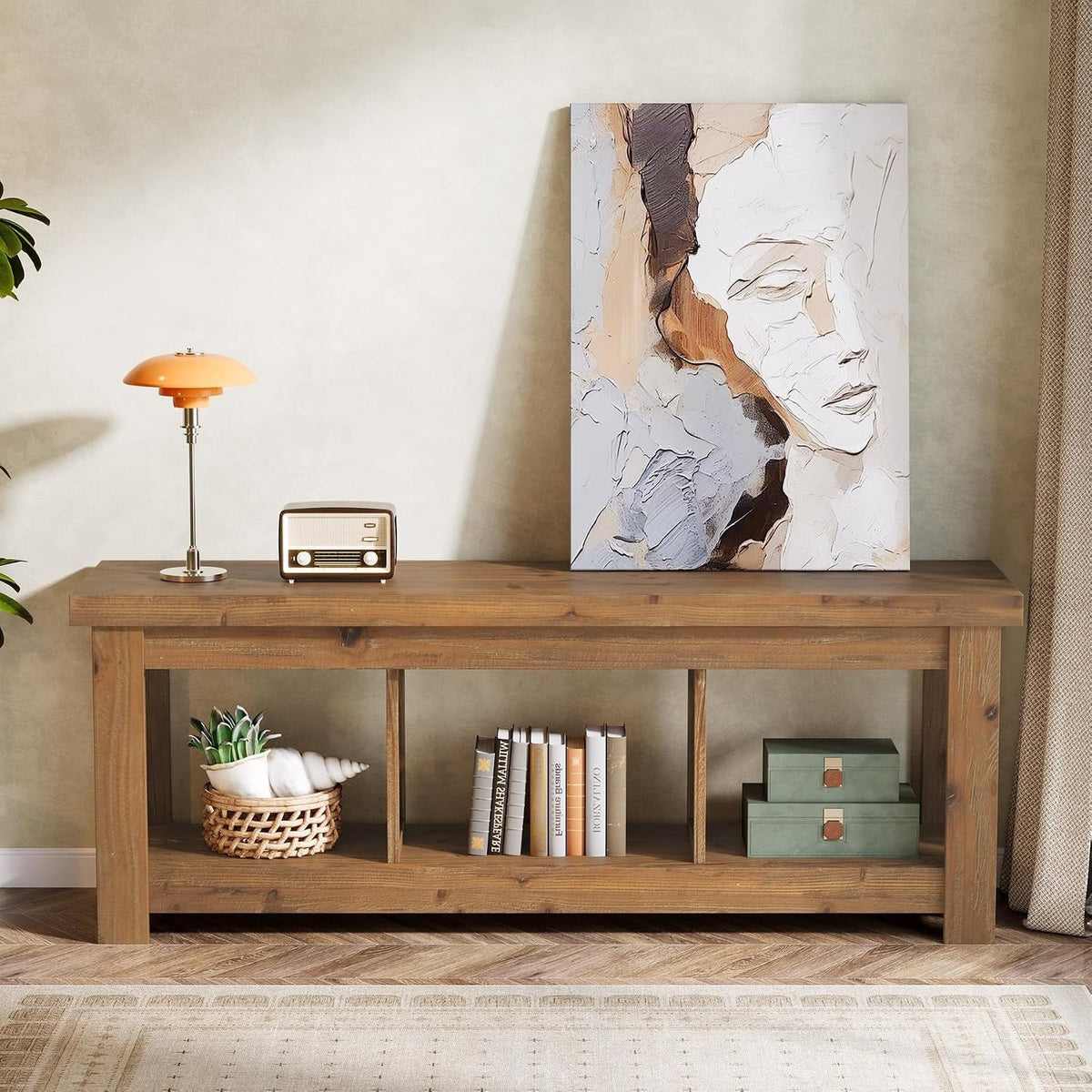 Solid Wood Console Table, 63-Inch Entryway Table with Storage, Long Wooden Sofa