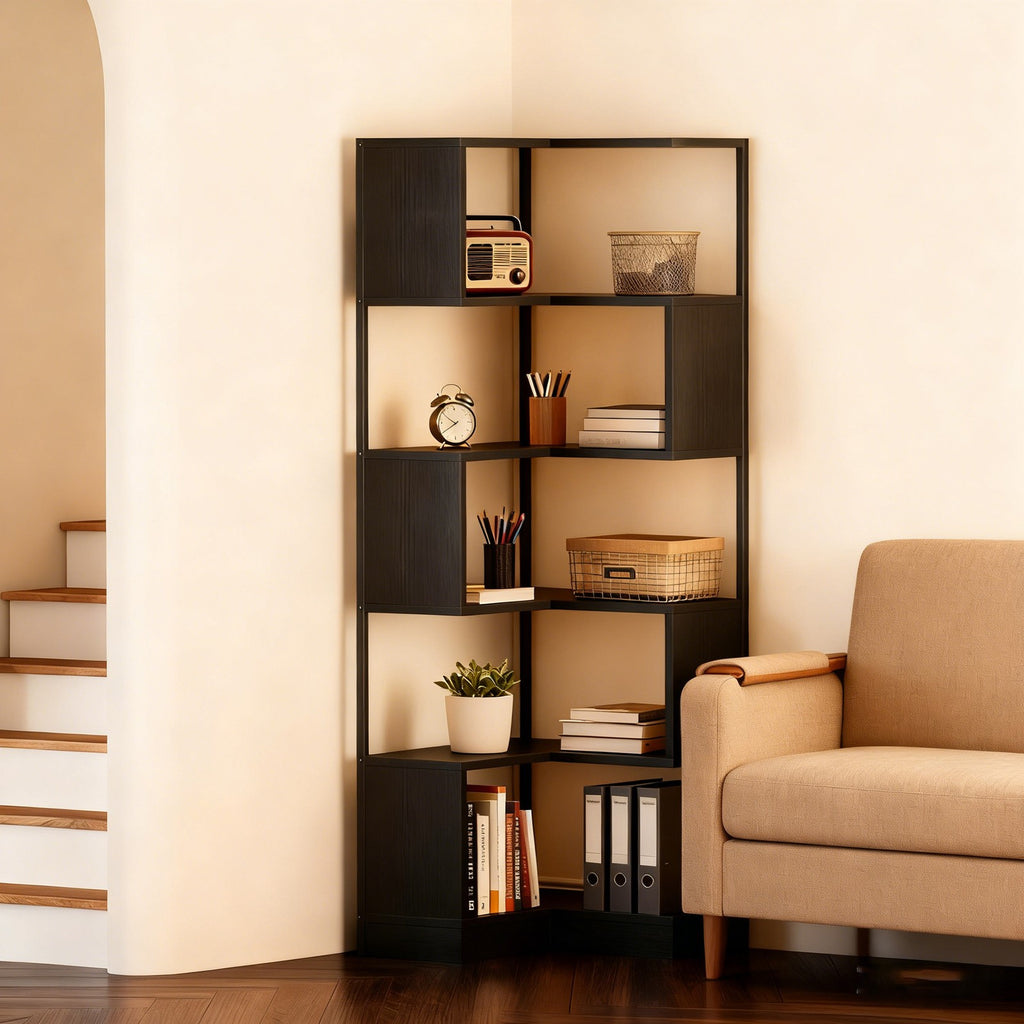 Office Corner Bookshelf Unit 180 cm, 6-Tier Office Floor Standing Bookcase, Tall