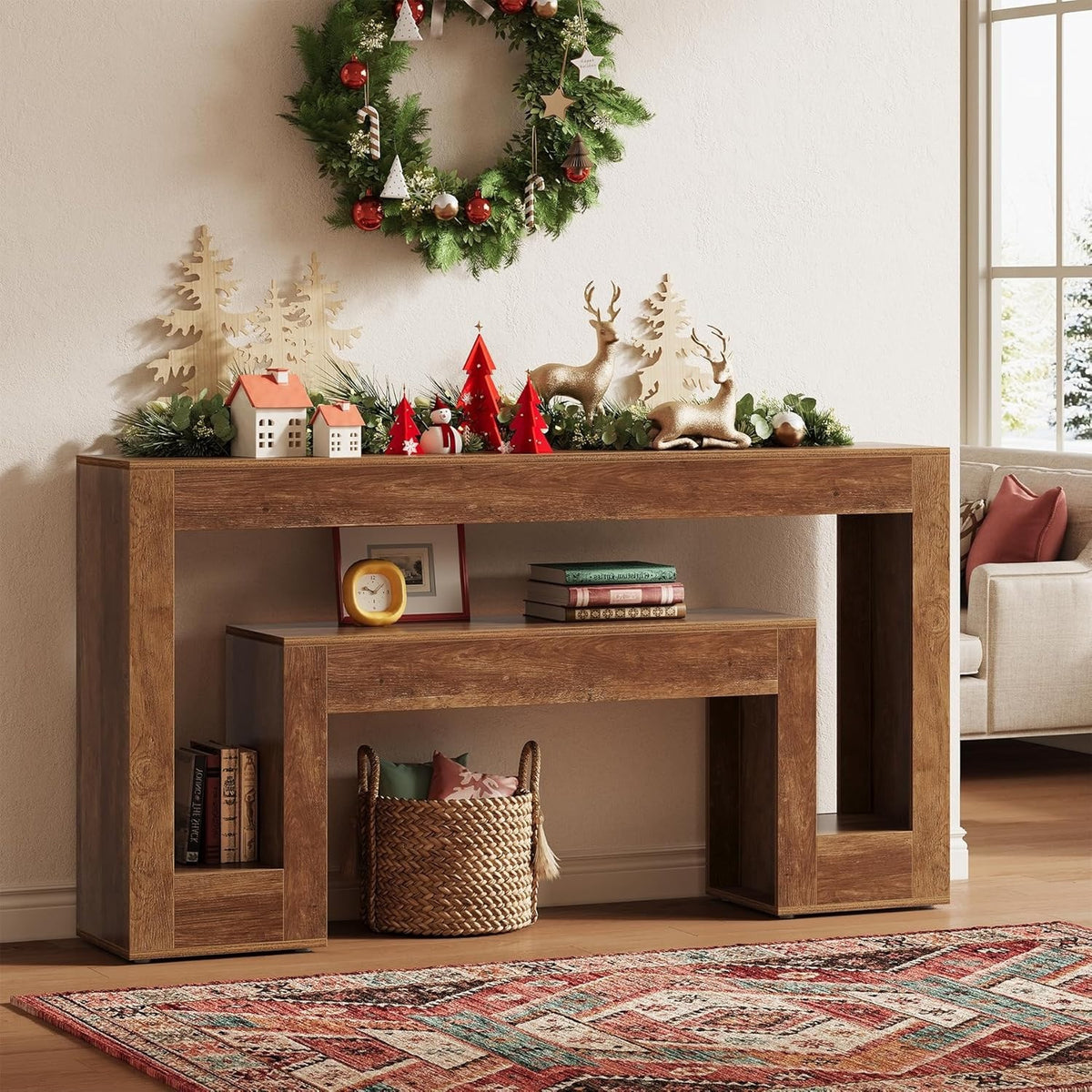 63-Inch Rustic Console Table with 2-Tier Shelf, Narrow Sofa Table for Entryway a