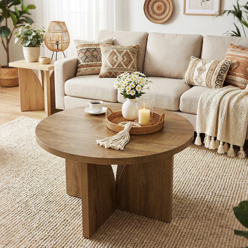 Estuary 80cm Round Coffee Table, Wooden Centre Table for Living Room, Modern