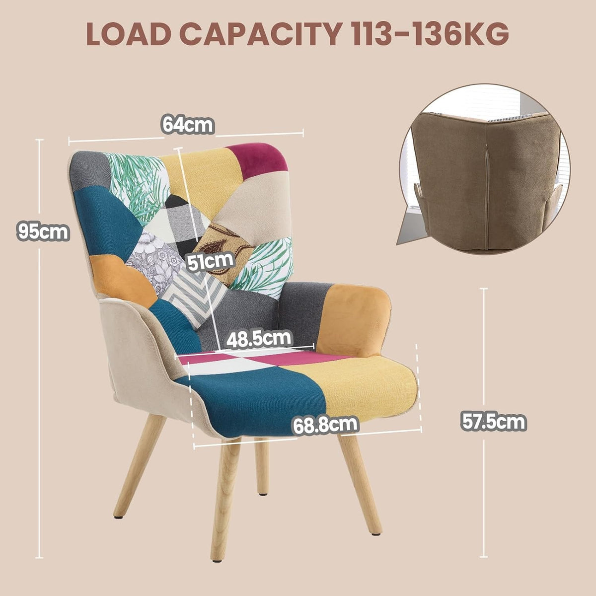 EstuaryPatchwork Accent Chair, Modern Upholstered Armchair with Wooden Legs, Mul
