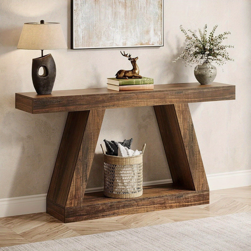 55-Inch Farmhouse Console Table with 2-Tier Storage Shelves - Rustic Industrial