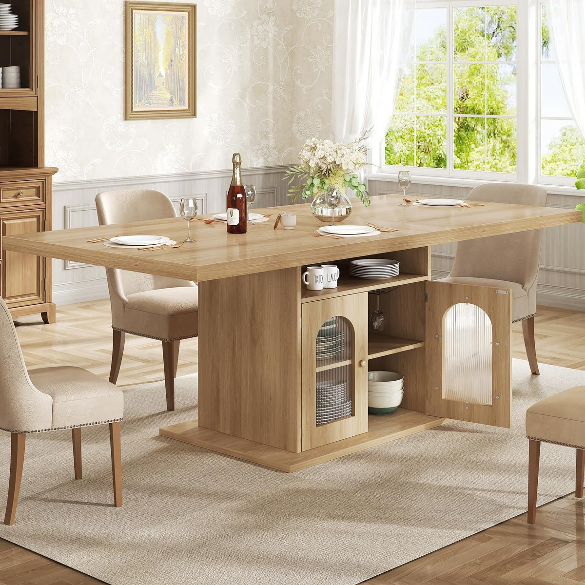 EstuaryDining Desk for 4–6 Wood Farmhouse Kitchen Table with 3-Tier Storage Shel