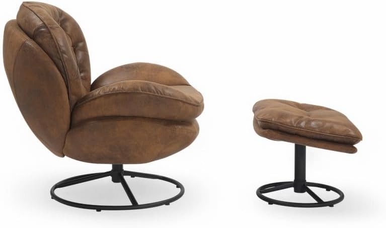 EstuaryBrown Swivel Chair and Footstool Set – 360 Swivel Faux Leather Armchair w