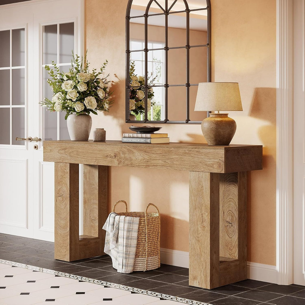63" Farmhouse Console Table, Natural Wooden Sofa Table Rectangular Accent Consol