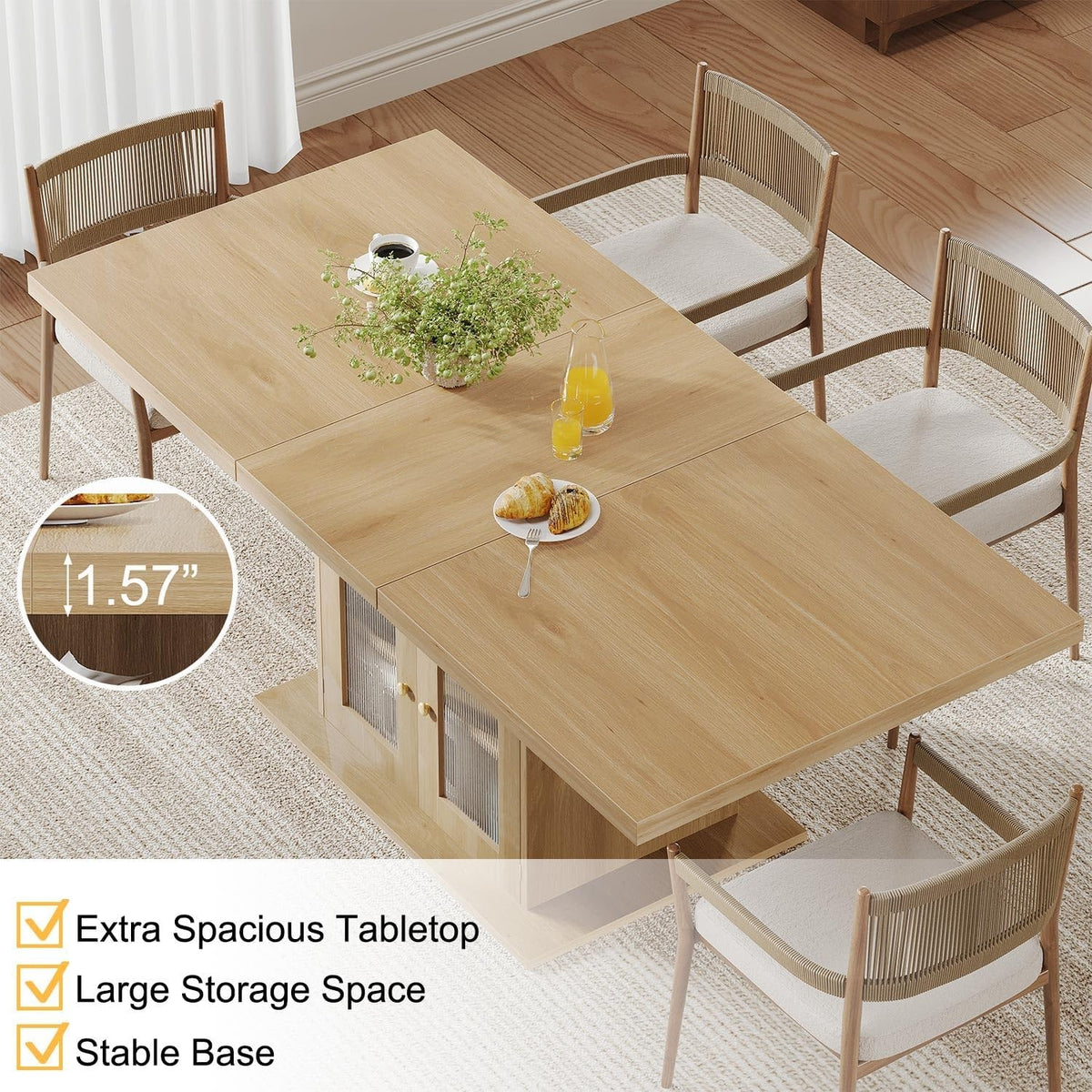 EstuaryDining Desk for 4–6 Wood Farmhouse Kitchen Table with 3-Tier Storage Shel