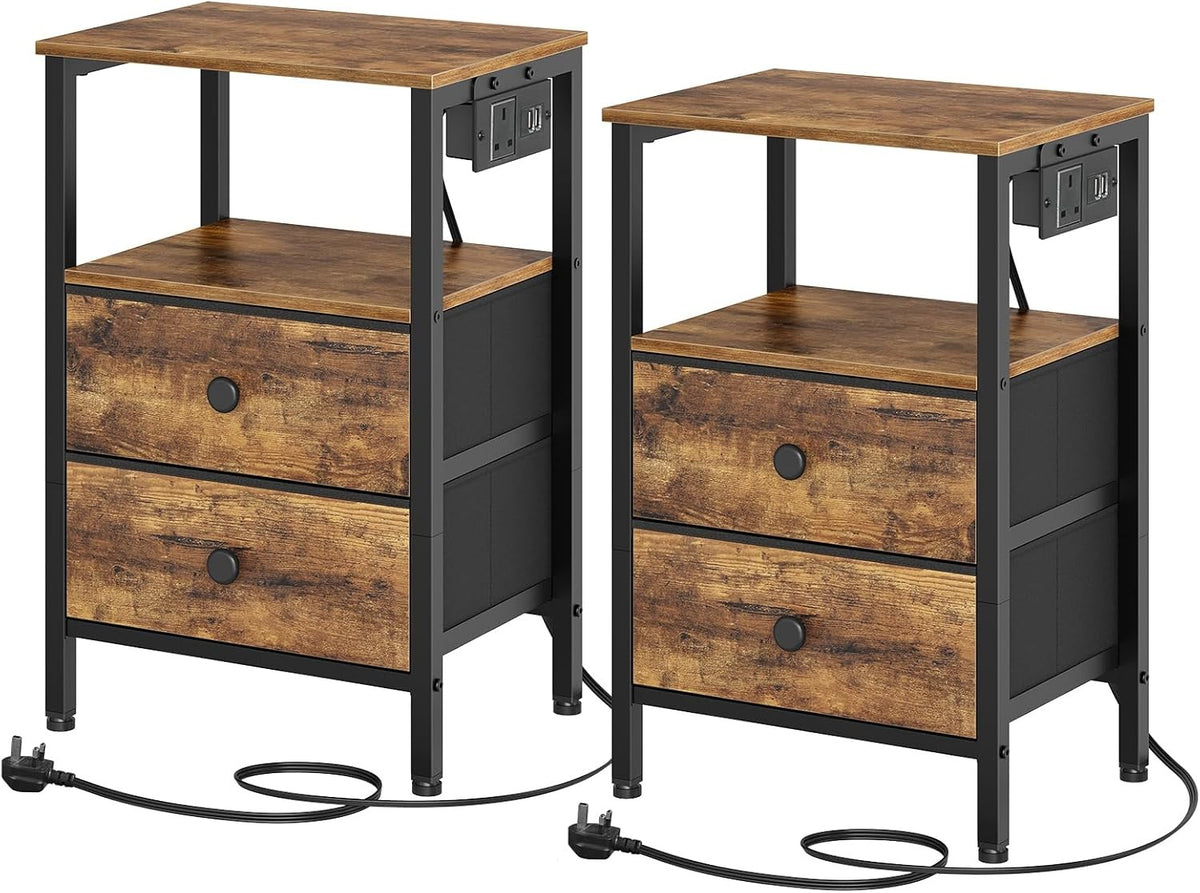 Estuary Bedside Table with Charging Station, End Table with 2 Drawers and 2 Shel