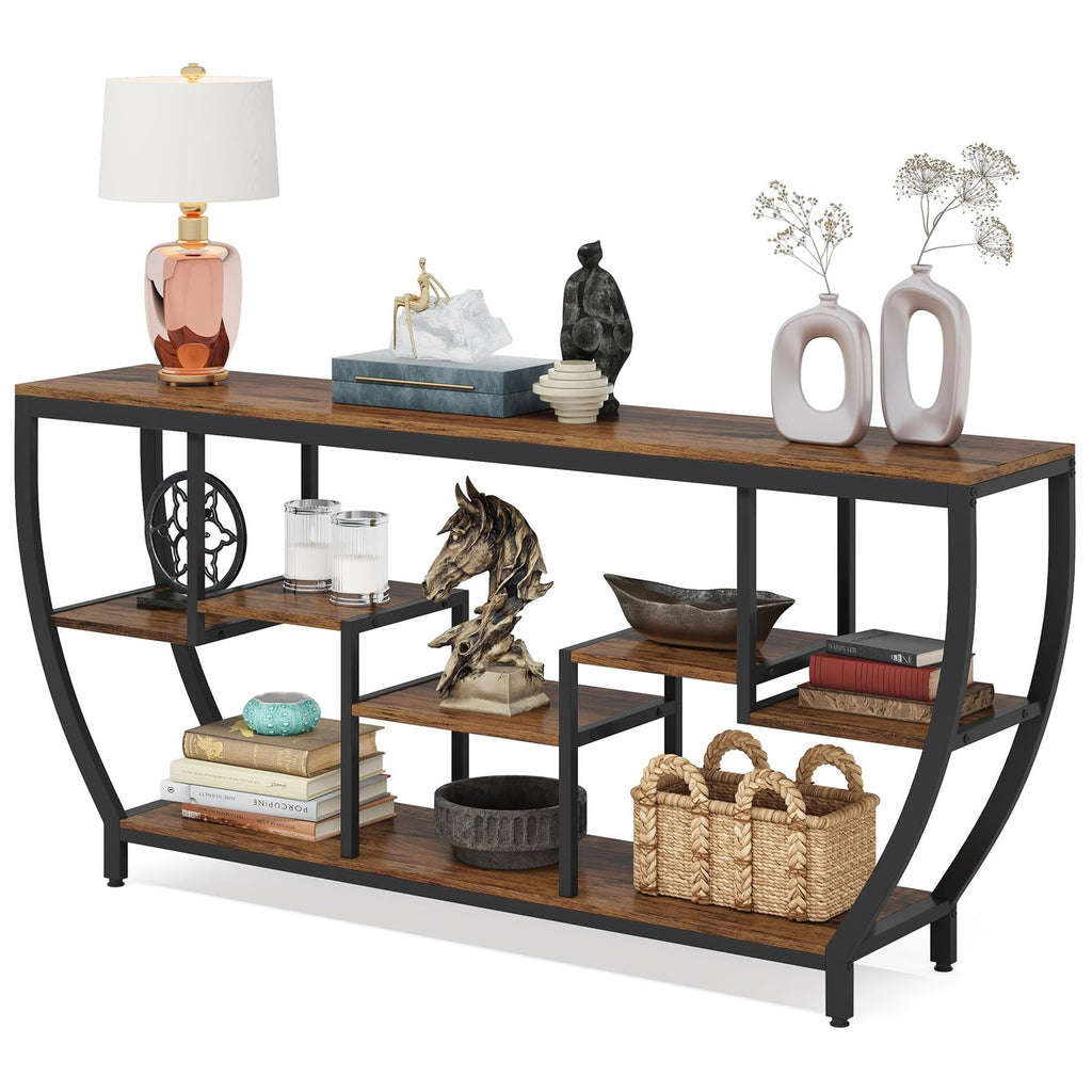 70.9 Inch Long Sofa Table with Shelves, Rustic Console Table with Storage, Indus
