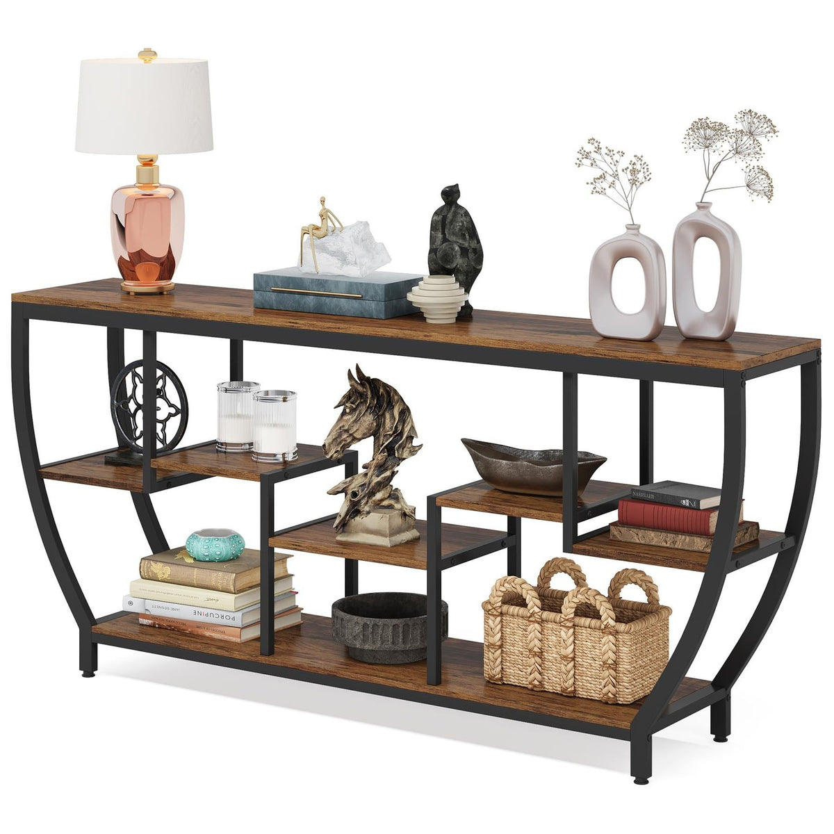 70.9 Inch Long Sofa Table with Shelves, Rustic Console Table with Storage, Indus