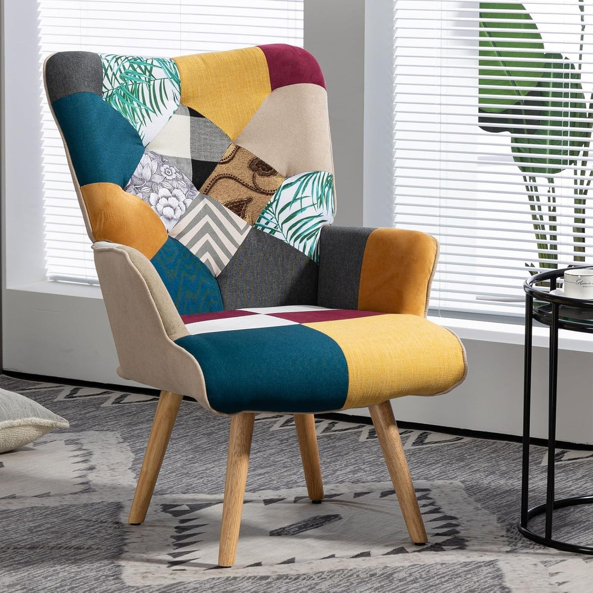 Estuary Patchwork Accent Chair, Modern Upholstered Armchair with Wooden Legs, Mu