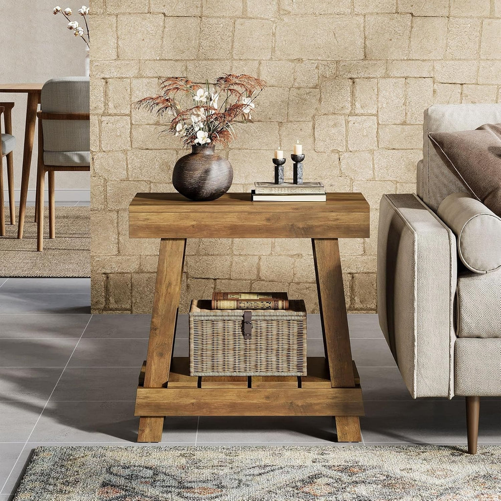 End Table, Side Table with 2-Tier Storage Shelf for Living Room, Farmhouse Bedsi