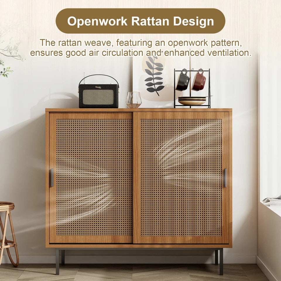 EstuaryVintage Farmhouse Walnut Rattan Sideboard Sliding Breathable Rattan Doors
