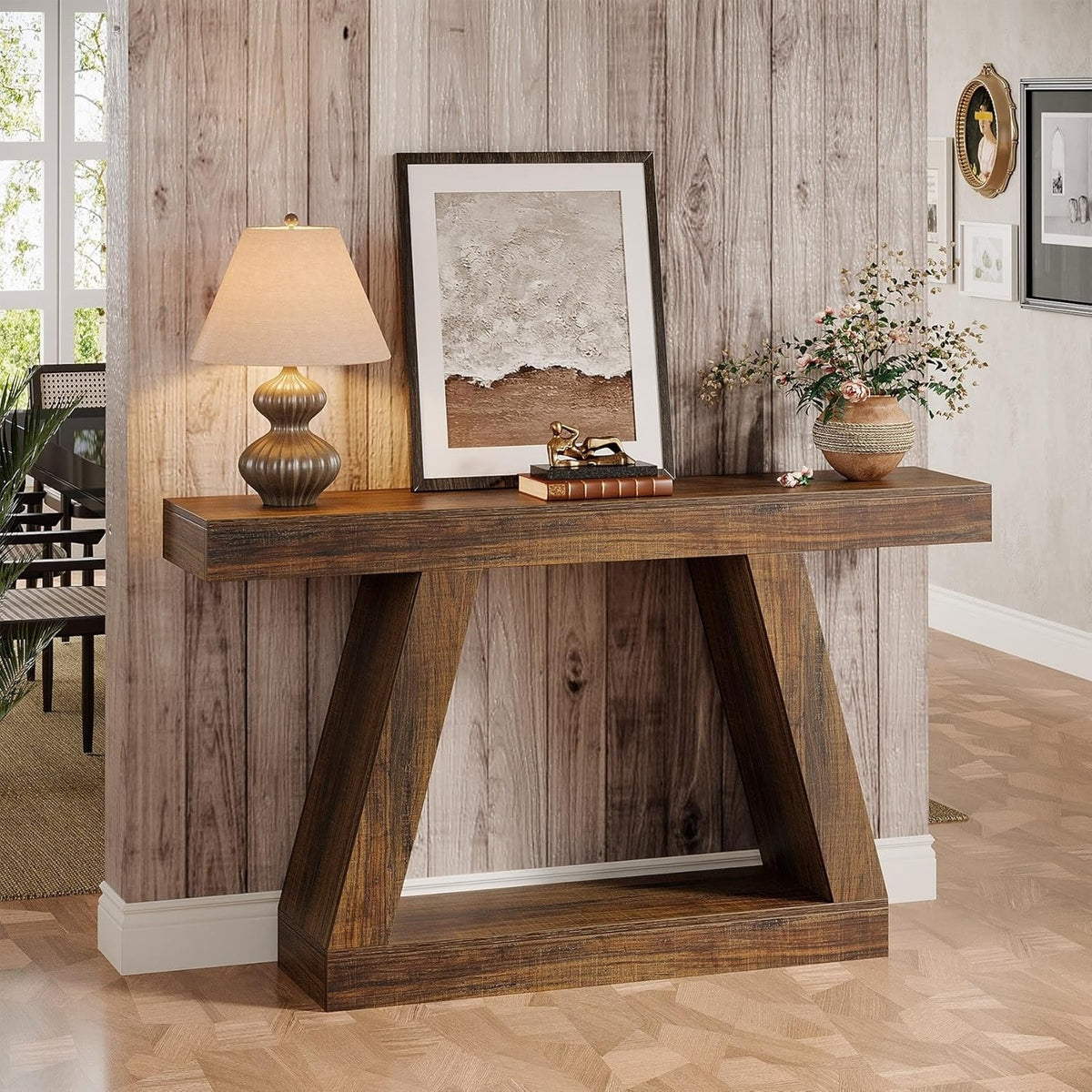 55-Inch Farmhouse Console Table with 2-Tier Storage Shelves - Rustic Industrial