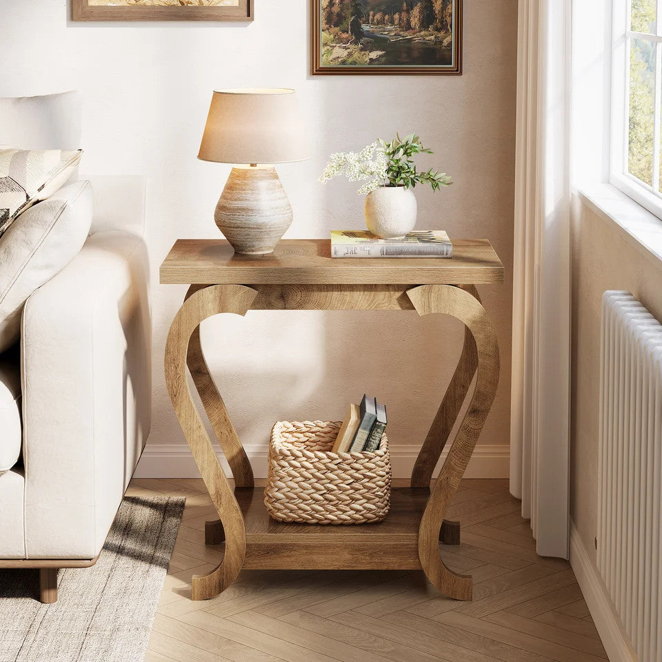 Estuary End Table, Narrow Wood Side Table with Storage Shelves, 2-Tie