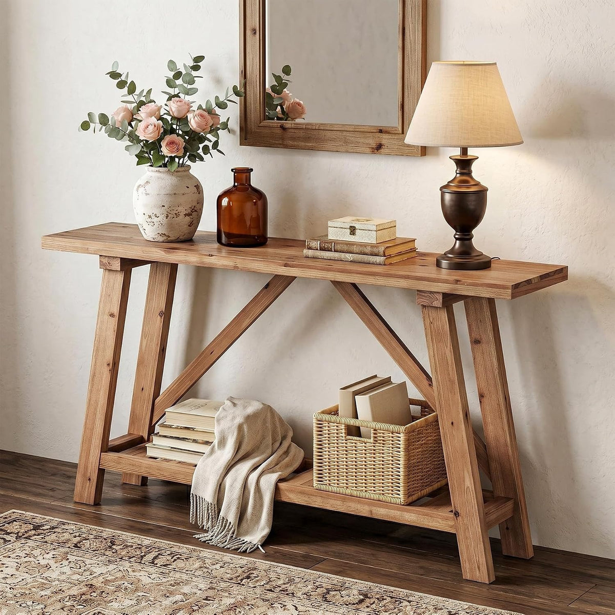 Solid Wood Console Table, 62.9-Inch Long Narrow Entryway Sofa Table with Storage