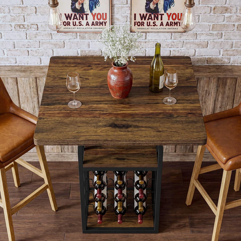 Square Bar Table, 35" H Bistro Pub Table with 4-Tier Wine Rack Storage and Shelv