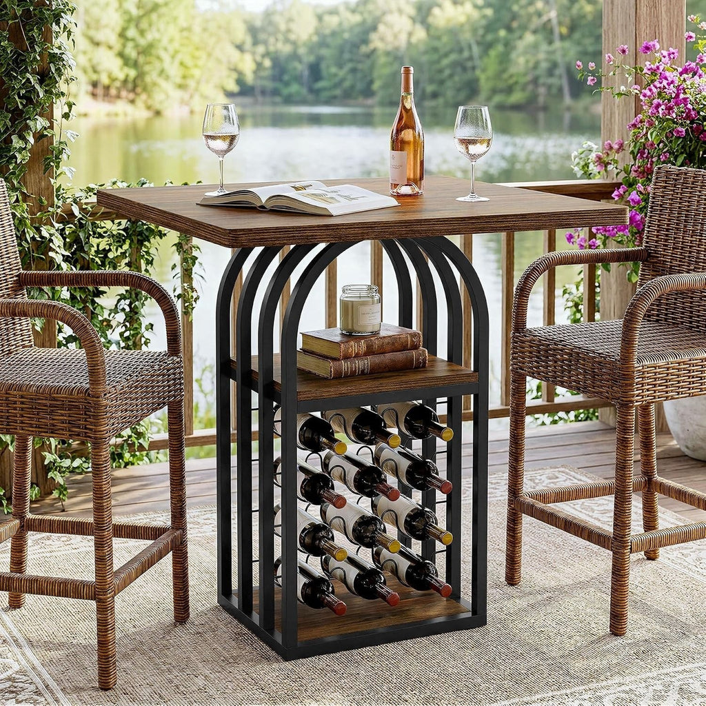 Square Bar Table, 35" H Bistro Pub Table with 4-Tier Wine Rack Storage and Shelv