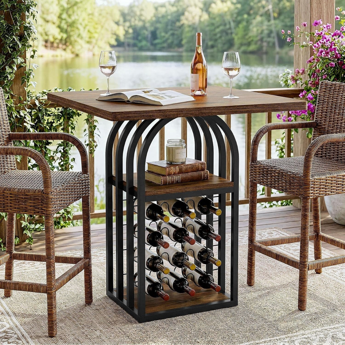 Square Bar Table, 35" H Bistro Pub Table with 4-Tier Wine Rack Storage and Shelv