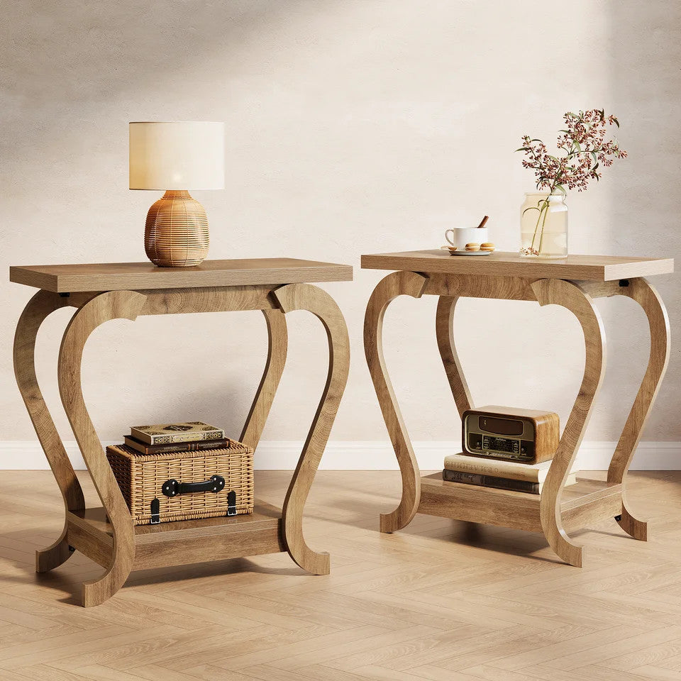 Estuary End Table, Narrow Wood Side Table with Storage Shelves, 2-Tie