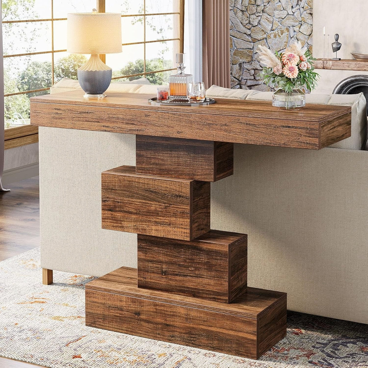 42.5 Inch Industrial Console Table – Narrow Wooden Sofa Table with Geometric Bas