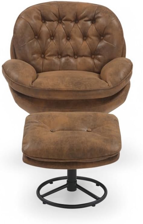 EstuaryBrown Swivel Chair and Footstool Set – 360 Swivel Faux Leather Armchair w